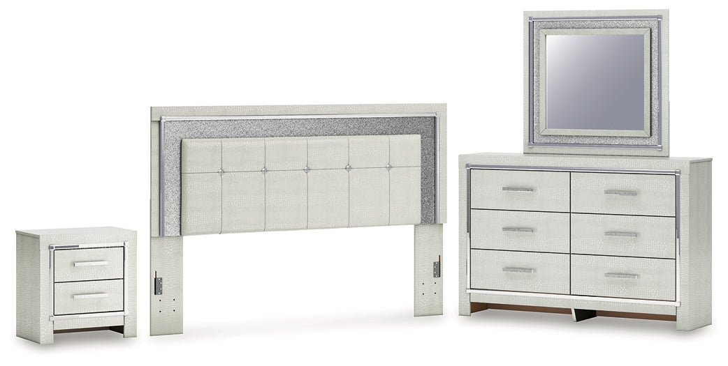 Zyniden King Upholstered Panel Headboard with Mirrored Dresser and Nightstand