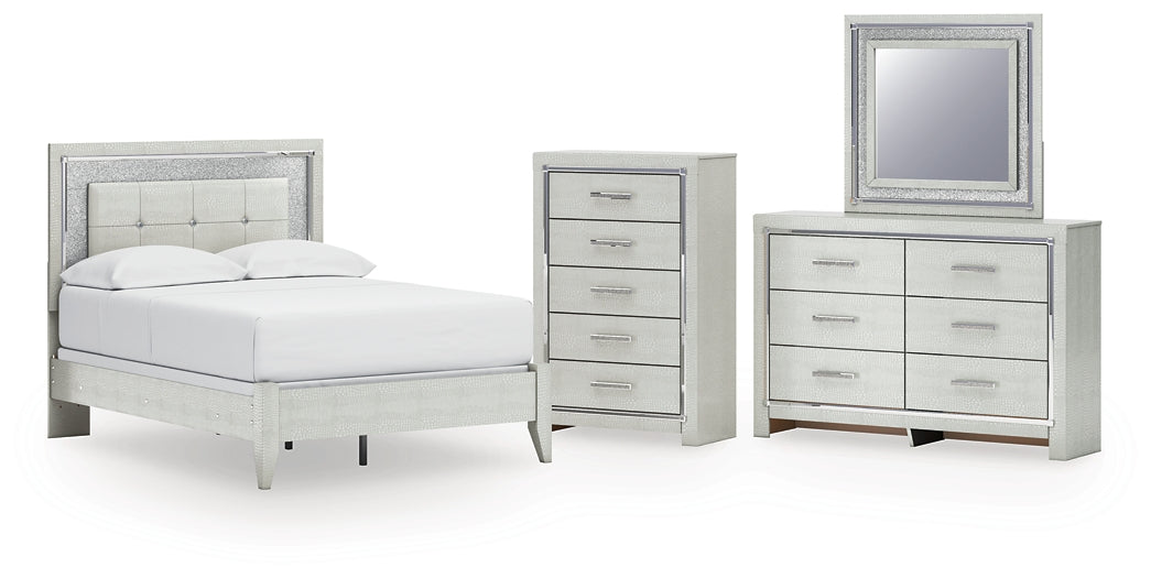 Zyniden Full Upholstered Panel Bed with Mirrored Dresser and Chest
