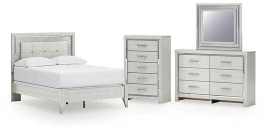 Zyniden Full Upholstered Panel Bed with Mirrored Dresser and Chest