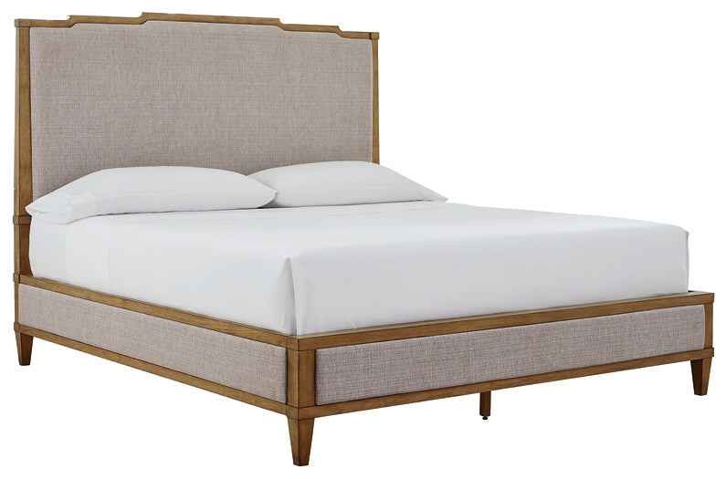 Sharlance California King Upholstered Panel Bed with Mirrored Dresser and Chest