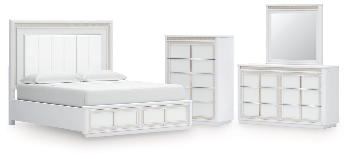 Chalanna California King Upholstered Storage Bed with Mirrored Dresser and Chest