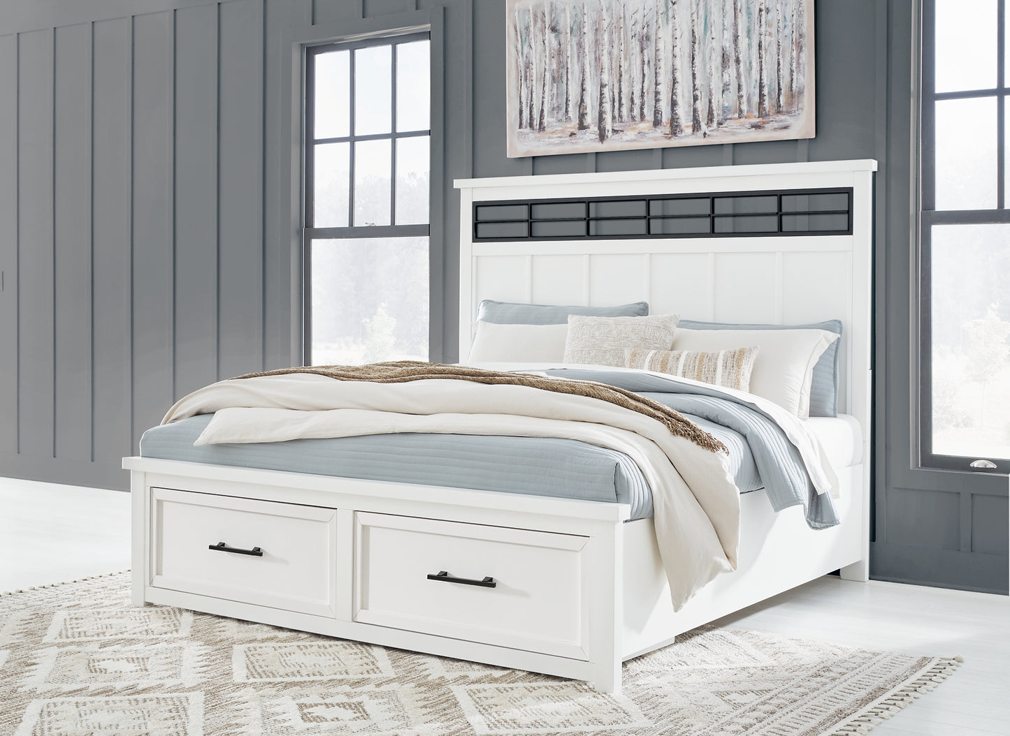 Ashbryn King Panel Storage Bed with Mirrored Dresser and Chest