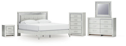 Zyniden King Upholstered Panel Bed with Mirrored Dresser, Chest and Nightstand
