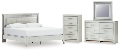 Zyniden King Upholstered Panel Bed with Mirrored Dresser and Chest