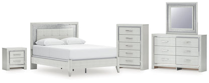 Zyniden Queen Upholstered Panel Bed with Mirrored Dresser, Chest and Nightstand