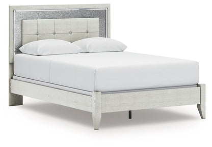 Zyniden Queen Upholstered Panel Bed with Mirrored Dresser and Chest
