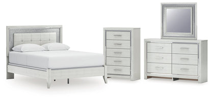 Zyniden Queen Upholstered Panel Bed with Mirrored Dresser and Chest