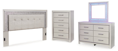 Zyniden King Upholstered Panel Headboard with Mirrored Dresser and Chest