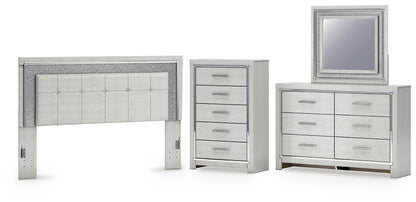 Zyniden King Upholstered Panel Headboard with Mirrored Dresser and Chest