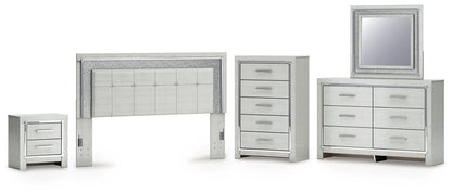 Zyniden King Upholstered Panel Headboard with Mirrored Dresser, Chest and Nightstand