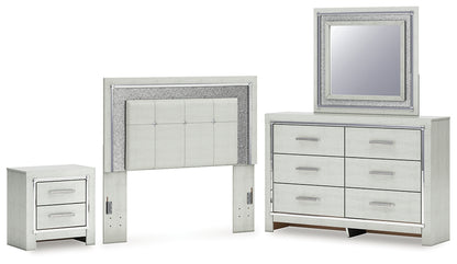 Zyniden Full Upholstered Panel Headboard with Mirrored Dresser and Nightstand