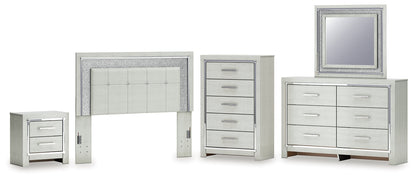 Zyniden Queen Upholstered Panel Headboard with Mirrored Dresser, Chest and Nightstand