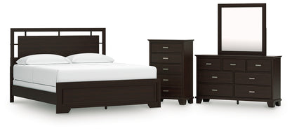 Covetown California King Panel Bed with Mirrored Dresser and Chest