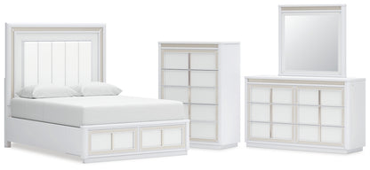 Chalanna Queen Upholstered Storage Bed with Mirrored Dresser and Chest