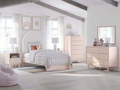 Wistenpine Twin Upholstered Panel Bed with Mirrored Dresser and Chest