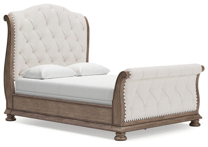 Ardenfield Queen Upholstered Sleigh Bed with Mirrored Dresser, Chest and Nightstand