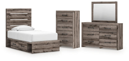 Graystorm Twin Panel Bed with Storage with Mirrored Dresser and Chest