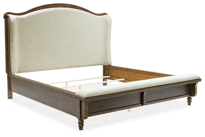 Sturlayne King Upholstered Panel Bed with Mirrored Dresser