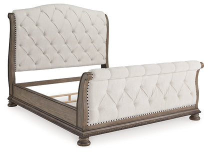 Ardenfield King Upholstered Sleigh Bed with Mirrored Dresser and Chest