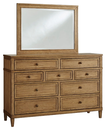 Sharlance California King Upholstered Panel Bed with Mirrored Dresser and Chest