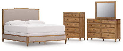 Sharlance California King Upholstered Panel Bed with Mirrored Dresser and Chest
