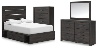 Hollivern Full Panel Bed with Storage with Mirrored Dresser and Chest