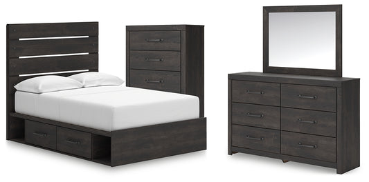 Hollivern Full Panel Bed with Storage with Mirrored Dresser and Chest