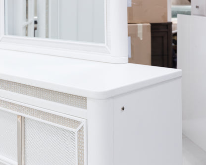 Chalanna California King Upholstered Storage Bed with Mirrored Dresser and Nightstand