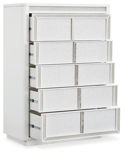 Chalanna California King Upholstered Storage Bed with Mirrored Dresser and Chest