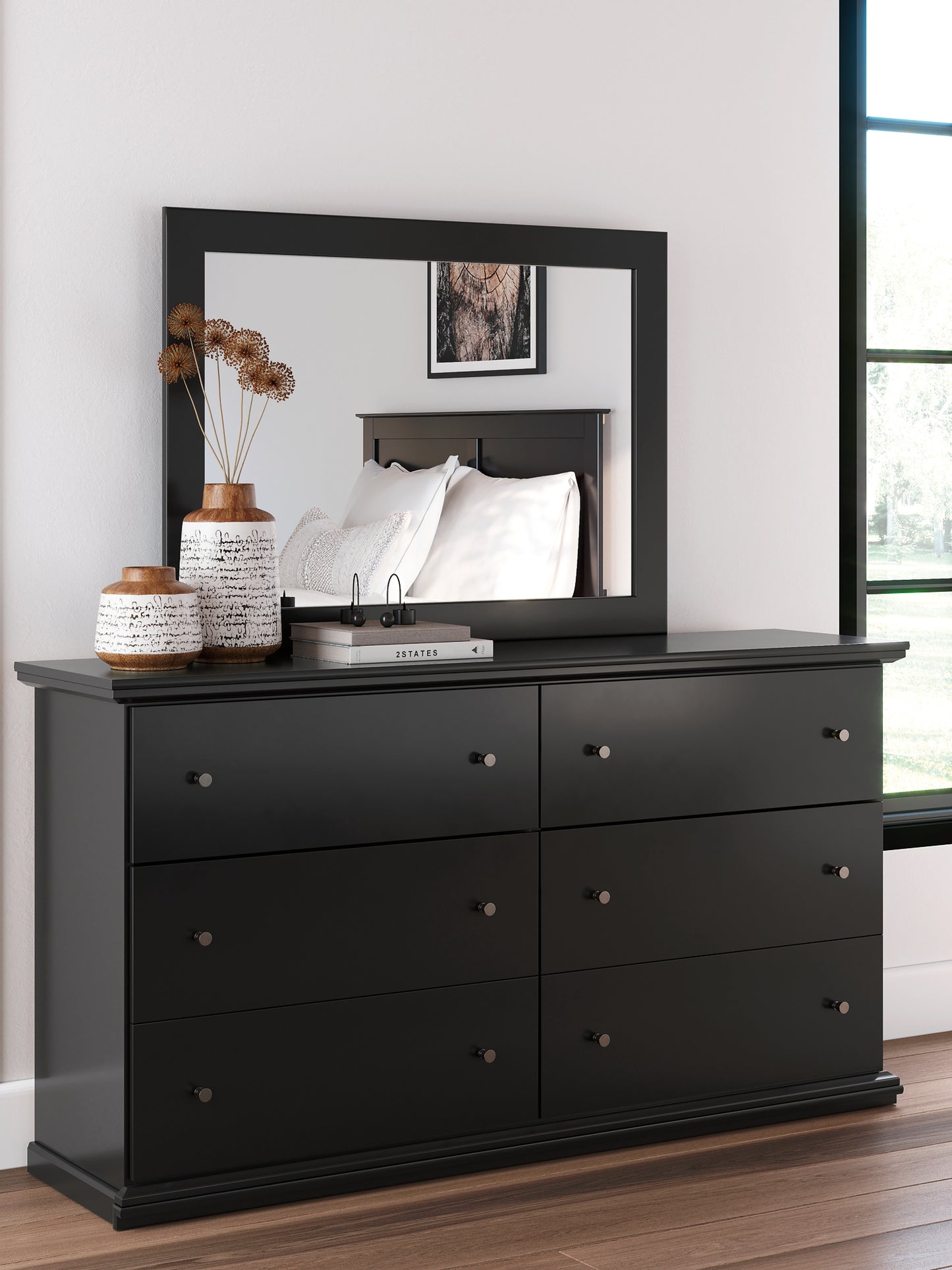 Queen Panel Bed with Mirrored Dresser, Chest and Nightstand
