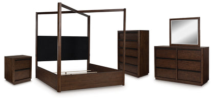 Dilenno Queen Canopy Bed with Mirrored Dresser, Chest and Nightstand