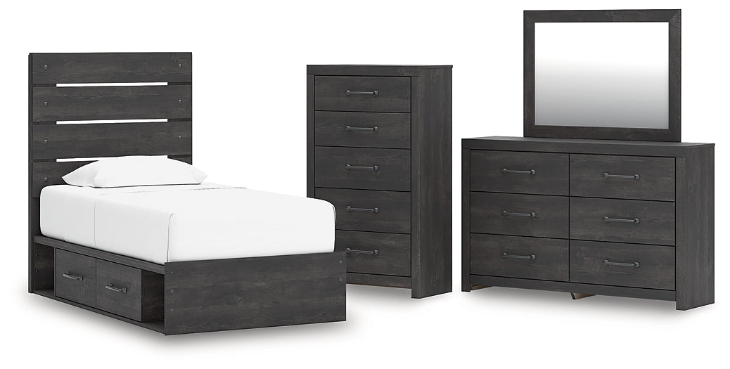 Hollivern Twin Panel Storage Bed with Mirrored Dresser and Chest