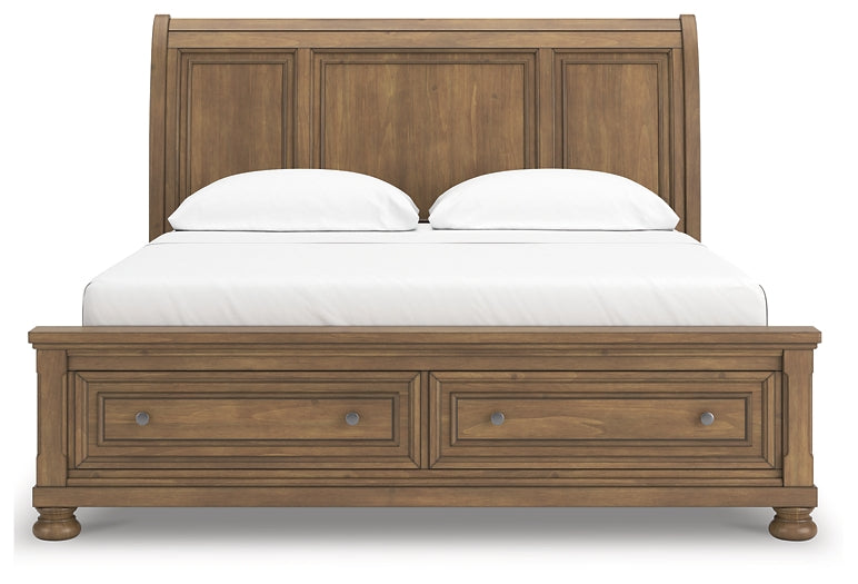 Feddinger California King Storage Sleigh Bed with Mirrored Dresser and Chest